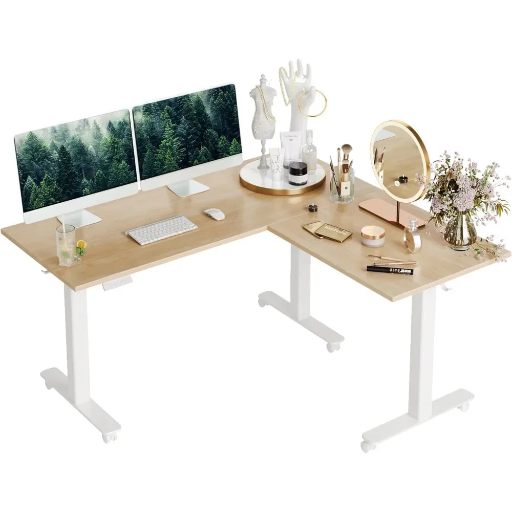 Solid Wood Triple Motor L Shaped Standing Desk, 63 x 55 inch Corner Stand Up Table, Adjustable Height Home Office Desk, Nature