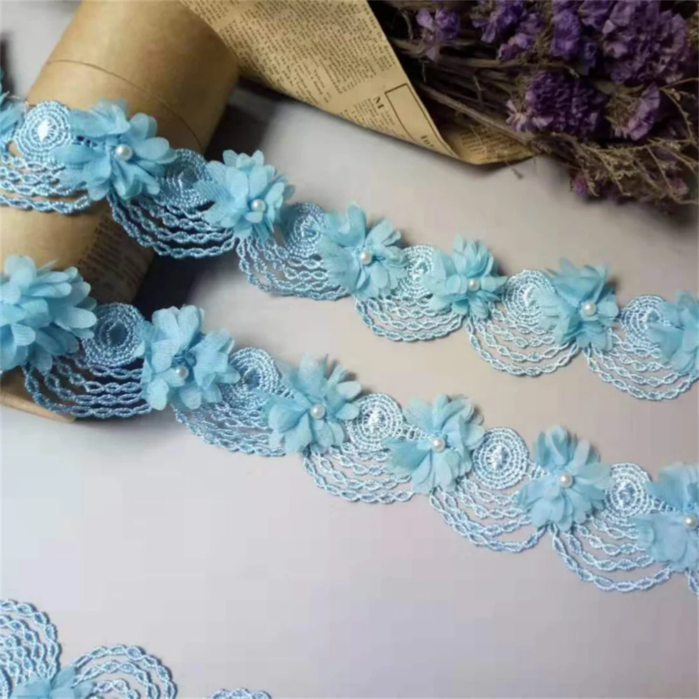 10X blu perla Chiffon fiore ricamato pizzo Trim nastro floreale Applique tessuto fatto a mano fai da te abito da sposa cucito artigianale