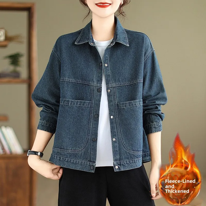 Thiened Fce Casual Loose Women's Denim Jaet Vintage Autumn Winter New Sle Street Sle Long Sve oulder Pad Jaet