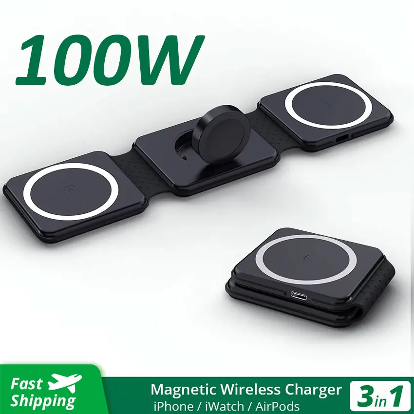 100W 3 in 1 Magnetic Wireless Charger Pad Macsafe Foldable for iPhone15 14 13 Pro Max Apple Watch 8 7 AirPods Fast Charging Dock