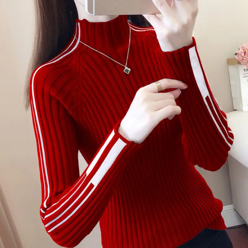 Fashion Turtleneck Knitted Spliced Loose Korean Sweater Women\'s Clothing 2024 Autumn New Casual Pullovers All-match Commute Tops