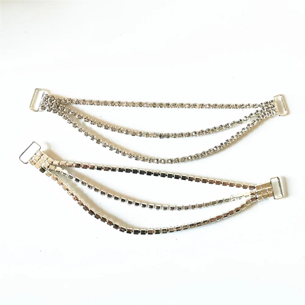 2pcs 3ROWS Crystal Rhinestone Pendant Bikini Connectors Buckle Metal Chain For Swimming Wear Bikini Decoration