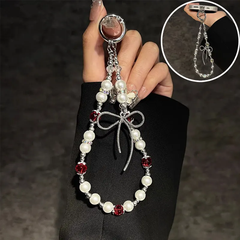 

Высококачественный ремешок-цепочка с бантом и жемчугом, ремешок для мобильного телефона, автомобильный брелок для ключей, сумка, подвесной ремешок, браслет с зажимом, красный