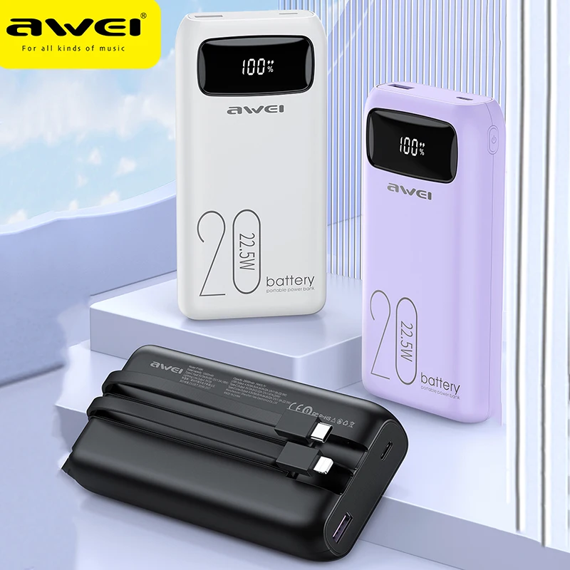 Awei P169K 20000mAh Powerbank 22.5W Fast Charger Built in Type C Cable PowerBank Digital Display Super Charging External Battery