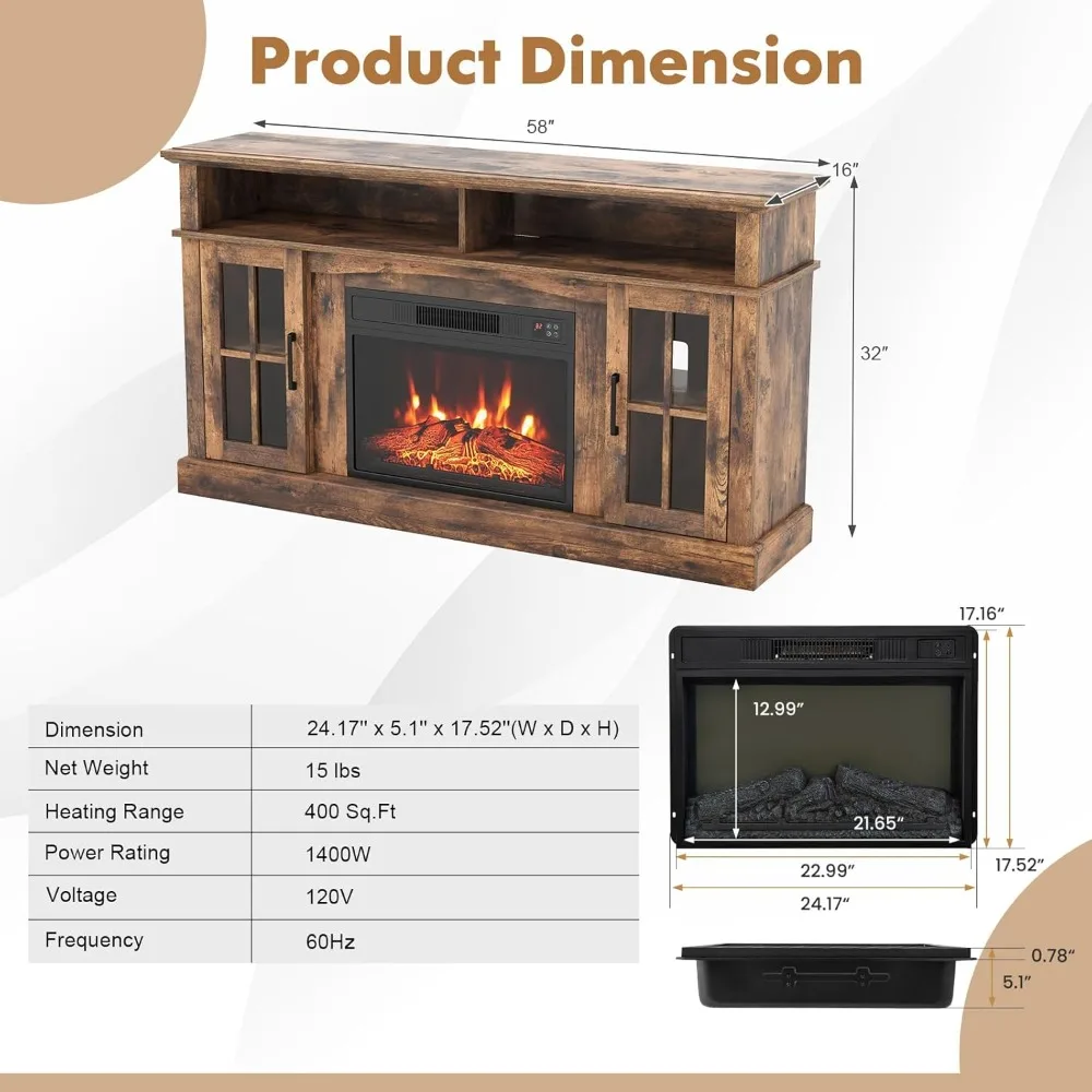 65 Electric Fireplace TV Stand, 1400W Heater, Remote Control, 6H Timer, Adjustable Flames
