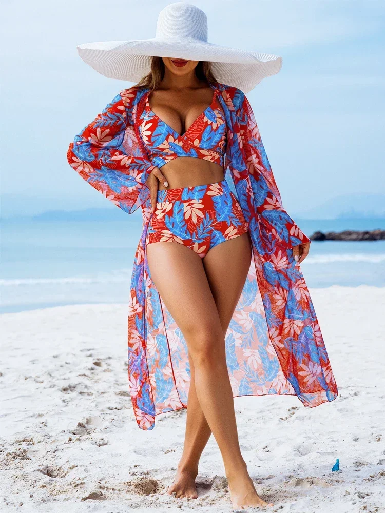 

Blue Leaf Print 3-piece Swimsuit Set High-waisted Bikini With Long Sheer Kimono Cover-up Set 2026 Summer Lady Vacation Beachwear