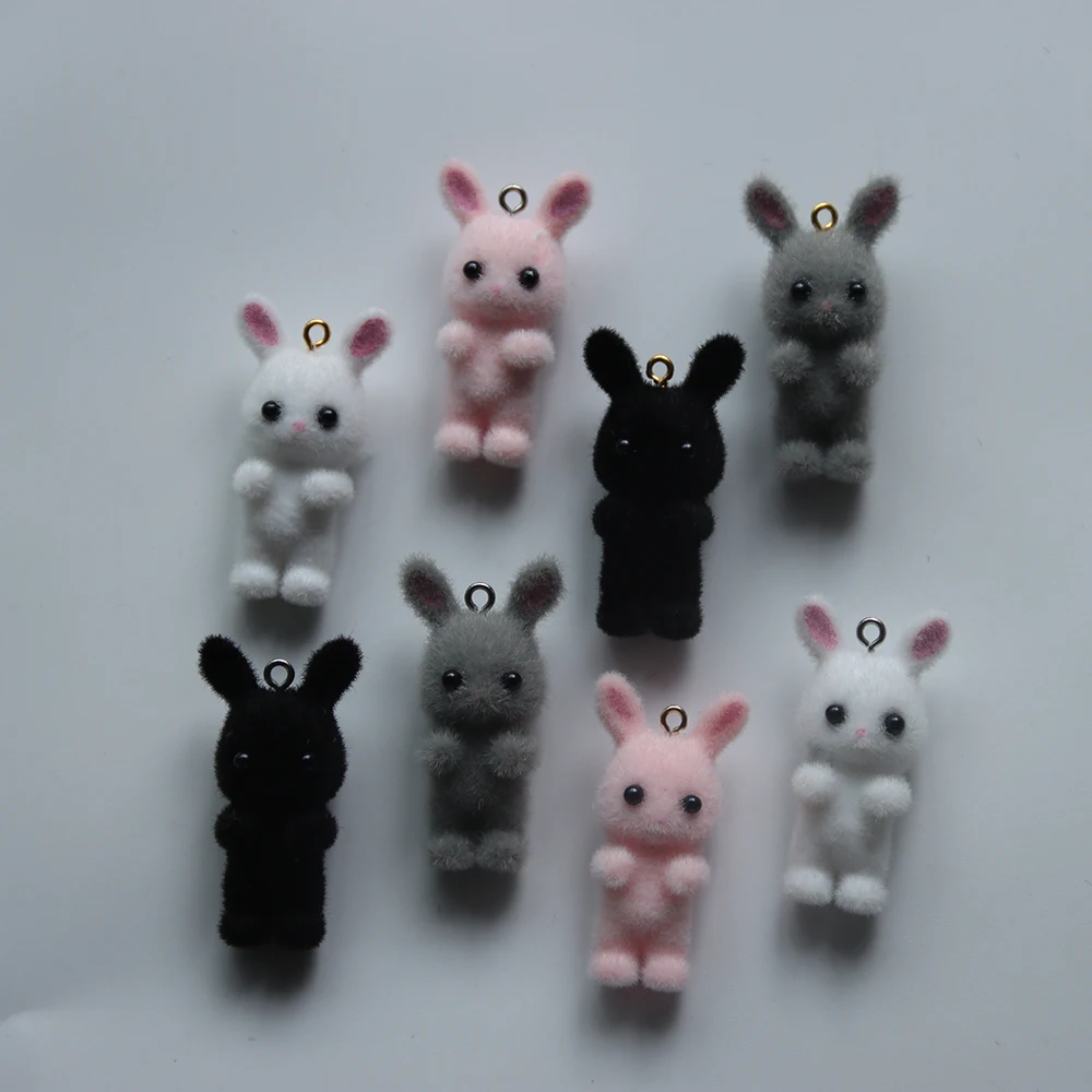 30Pcs 3D Cute flocked Bunny Charms Cartoon Animal Rabbit Flocked Pendant Earring Keyring Accessories for DIY Crafts Jewelry Make