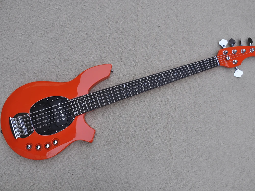 

5 Strings Orange Red Electric Bass Guitar with Black Pickguard,Rosewood Fretboard,Customizable