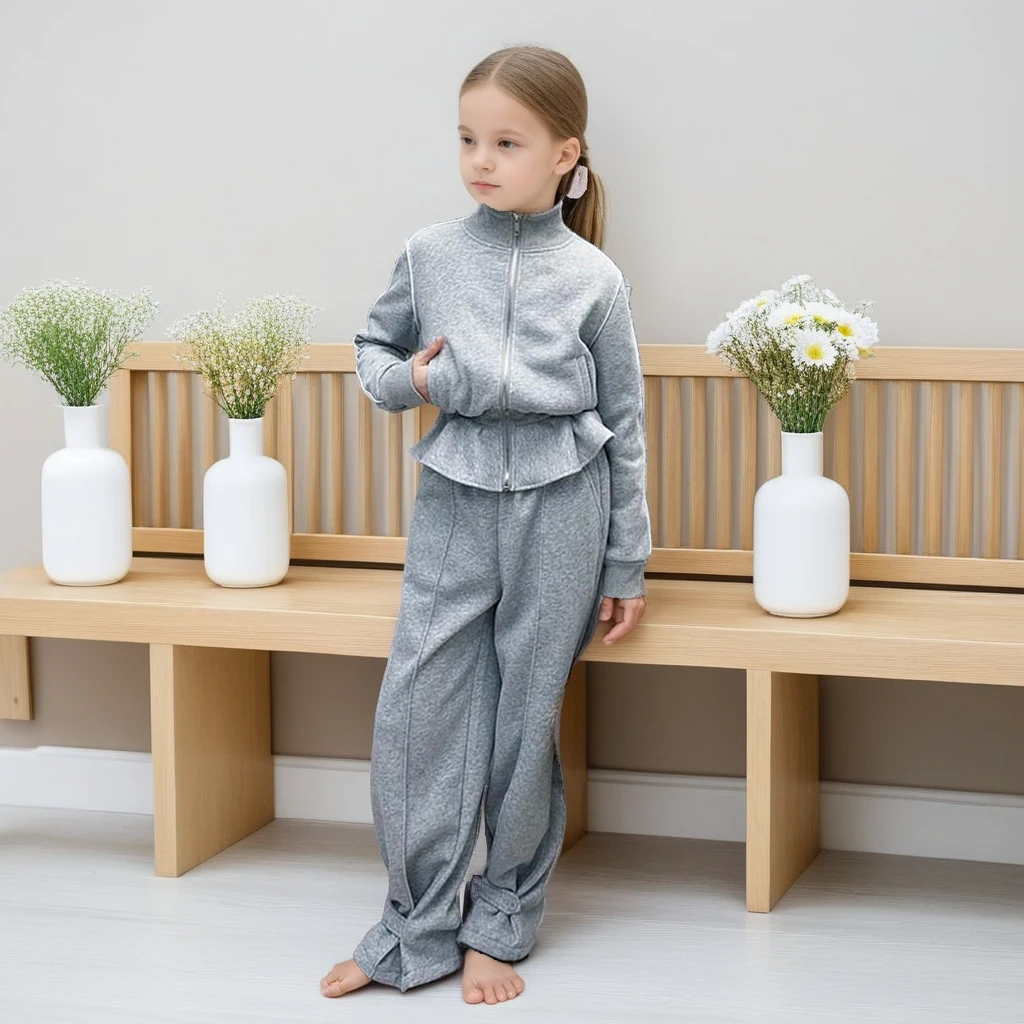 

Girls Outfits Set Spring 2025 Grey Ruffle Sweatshirt Pants 2-piece Teen Kids Tracksuit Casual School Children Clothes 10 12 Year