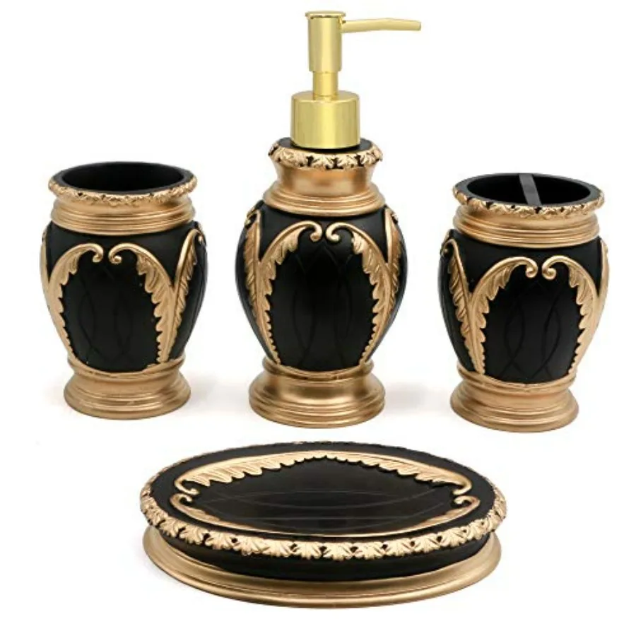 

4 Pieces Bathroom Accessory Set Including Tumbler Toothbrush Holder Soap Dish and Soap Dispenser Black with Gold