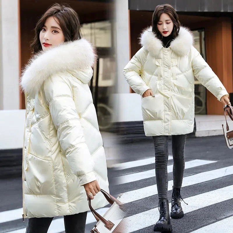 

Shiny Wash-free Down Cotton Jacket Women Fashion Casual 2022 Winter Padded Coat Female Long Hooded Fur Collar Thick Warm Parkas