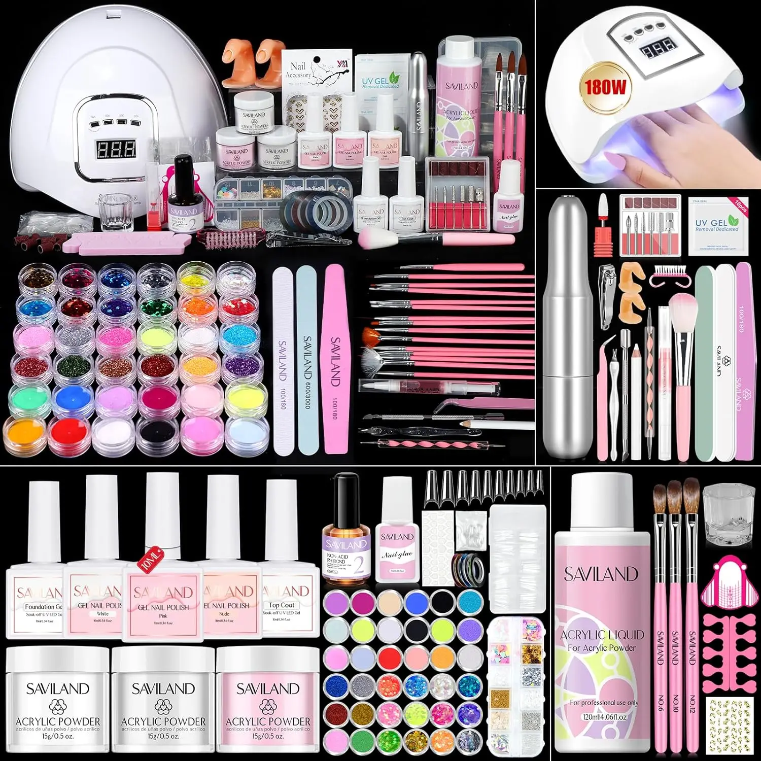 Beginner Acrylic Nail Kit with Gel Polish, 180W Lamp, Drill & Full Tools for Home DIY Nail Art