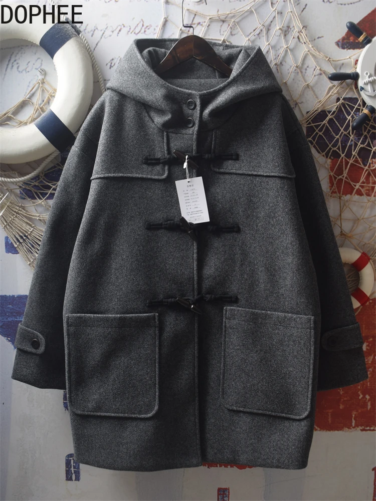 اليابانية الخريف الشتاء معطف الصوف فضفاض رشاقته الدافئة مبطن معطف الصوف الرمادي منتصف طويلة مقنعين القرن زر الطلاب سترة