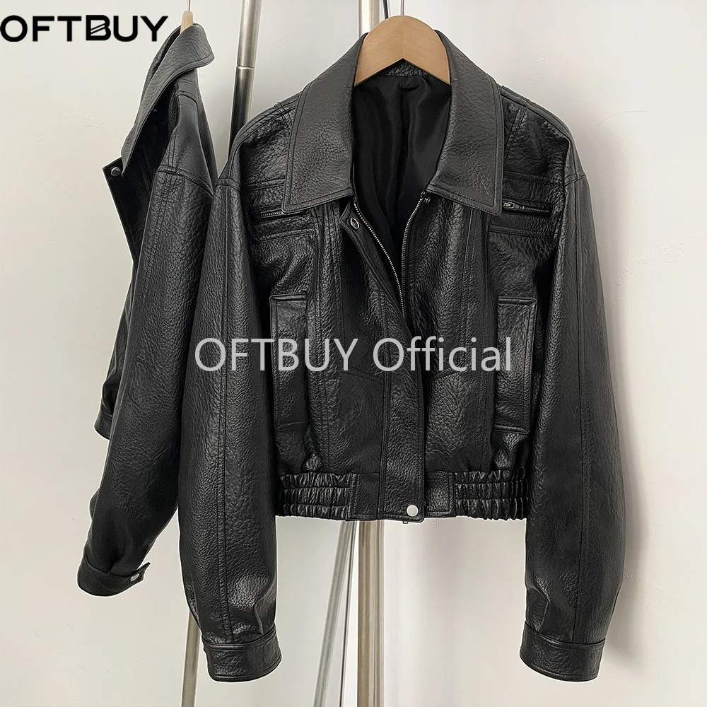 OFTBUY Damen Schwarze Kunstleder-Cropped-Aviatorjacke, Strukturierter PU-Mantel mit Elastischem Saum, Neue Vintage-Freizeitjacke – Detail 35