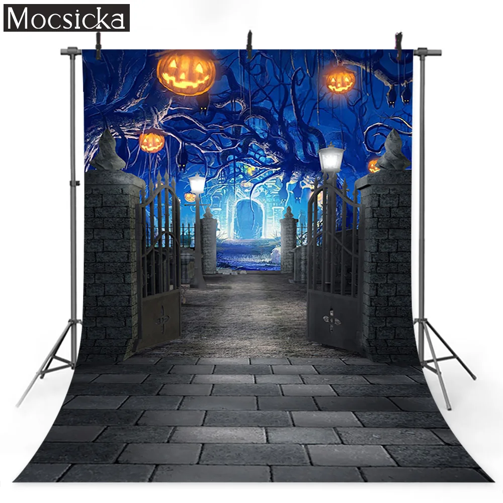 Halloween Background for Party Decor Pumpkin Lantern Cemetery Tombstone Grave Moon Birthday Photography Backdrop Photo Studio