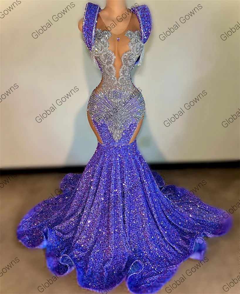 Sexy Purple Sequins Mermaid Prom Dress For Black Girl Beaded Sheer Neck Evening Party Gowns Sweep Train Robes De Soirée