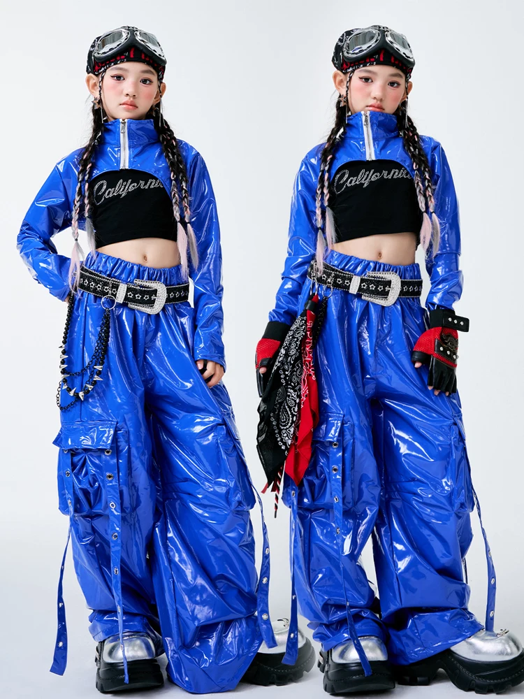 2025 الأطفال قاعة الرقص الهيب هوب أزياء رقص للفتيات المحاصيل القمم الهيب هوب السراويل الأزرق بدلة جلدية الجاز الرقص مرحلة الهذيان الملابس