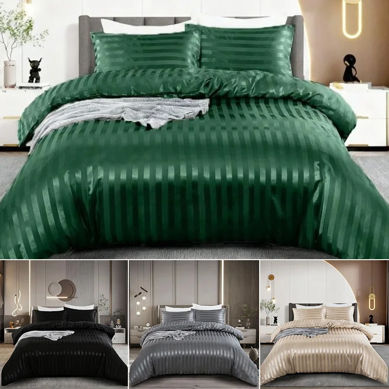 Solid Color Washable Satin Faux Silk Striped Duvet Cover Full/Queen/King/Single/Double Size Set Luxury Bedding Set Home Hotel
