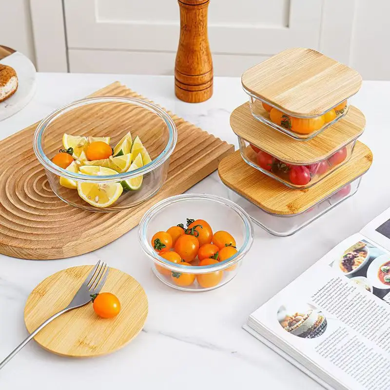 

Bamboo and Wood Round and Square Lidded Sealed Glass Food Lunch Box, Large Capacity Lunch Box, Microwave Safe for Heating