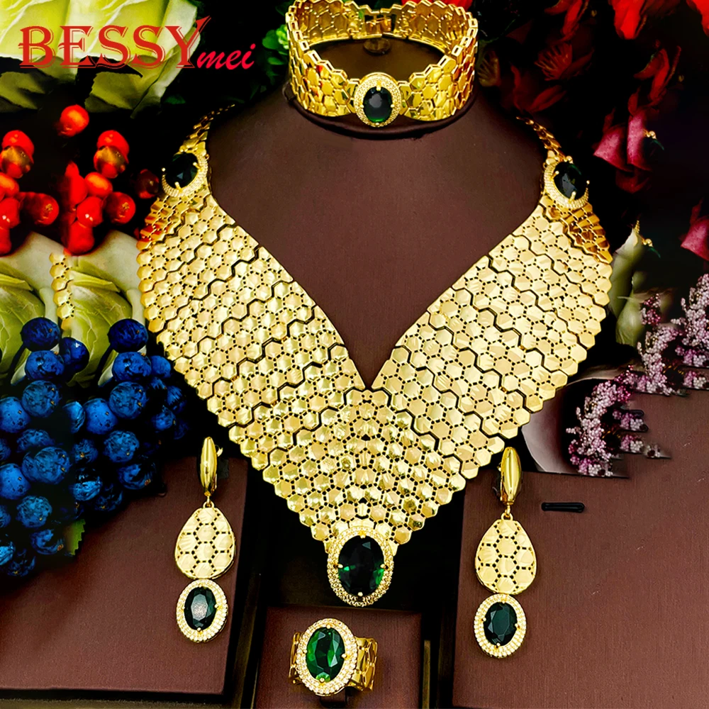 2026 Neues Luxuriöses Grünes Kristall-Schmuckset für Frauen Afrikanisches Dubai Braut Hochzeits-Party-Accessoire Statement-Schmuckset