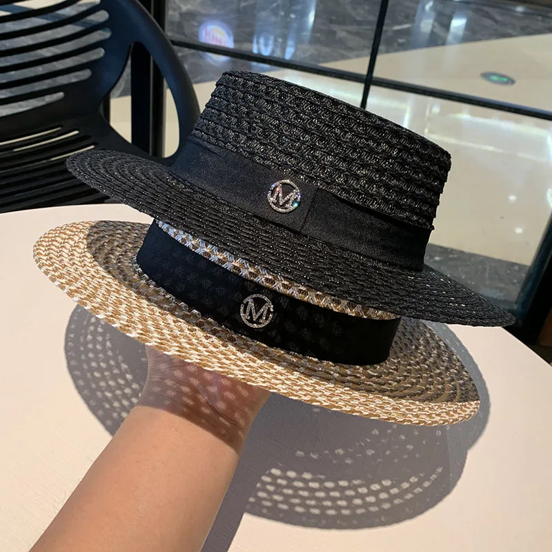 Summer Fashion M Letter Woven Hollow Flat Top Straw Hat Women Foldable Travel Holiday Sunshade Sunscreen Panama Beach Cap