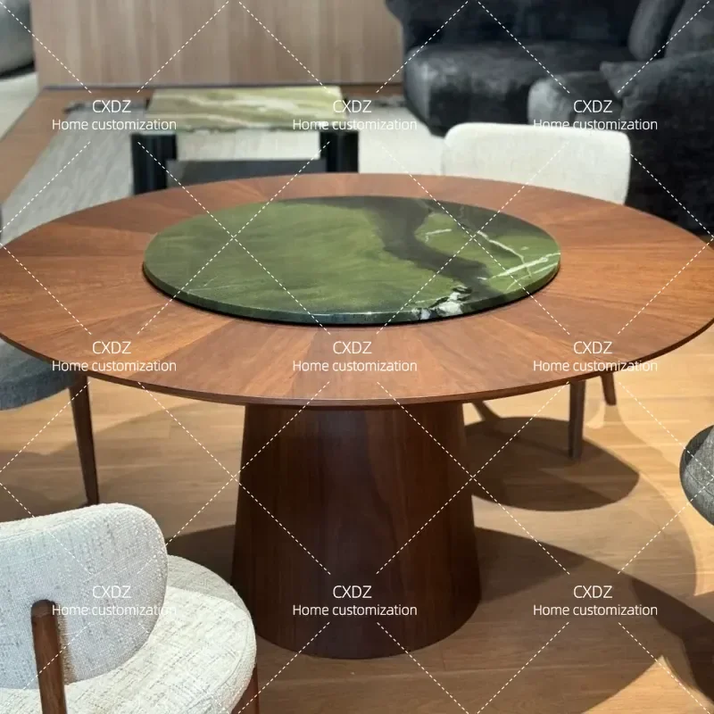 Medieval Solid Wood Dining Table with Marble Turntable Minimalist Round Advanced Light Luxury Style for Home Restaurant
