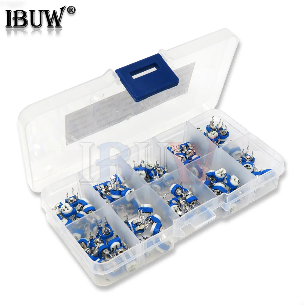 100PCS/Box RM065 Potentiometer Adjustable Resistor Kit 500 - 1M Ohm Multiturn Trimmer Potentiometer Set Variable Resistors Kit