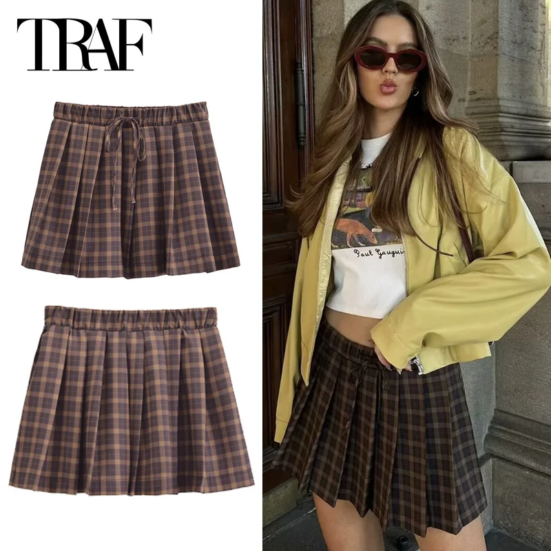 TRAF Women's 2024 Butterfly Lace-Up Plaid Short Skirt Summer Autumn Women Mini Brown Skirts Ladies Fashion Casual Pleated Skirts