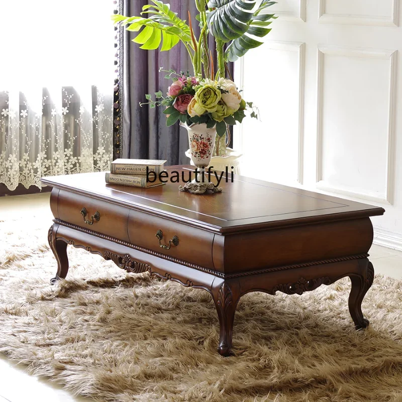 

American-Style Solid Wood Coffee Table European-Style Retro Tea Table Carved Design Storage French Entry Lux High-End Wooden