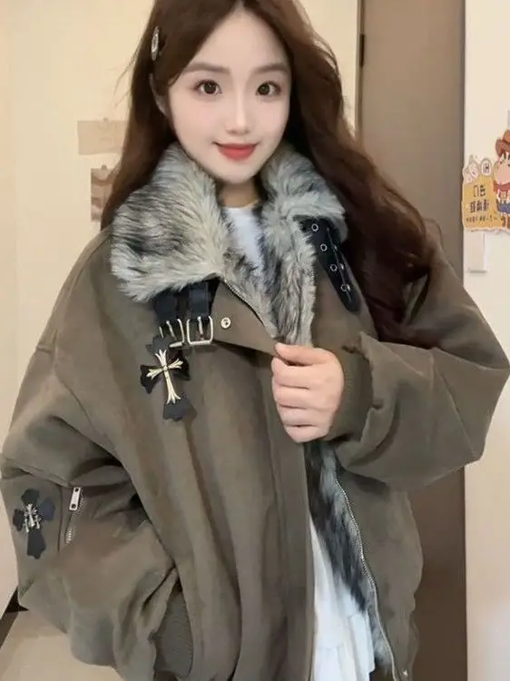 

Women's Thiened Cotton Parka Coat with Fur Collar High Street Cross Vintage Loose Fit Autumn Winter Outerwear Jaet