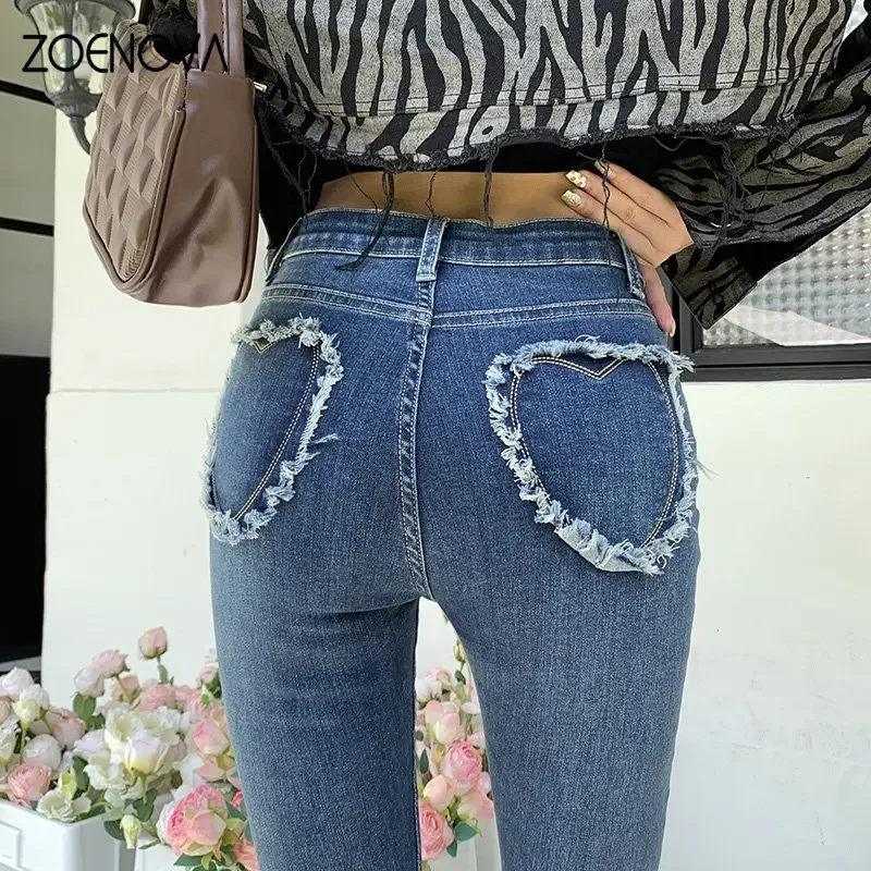 ZOENOVA Loving Appliques Back Pocket Raw Hem High Waist Straight Tube Micro Flare Pants New Y2K Women's Straight Wide Leg Jeans