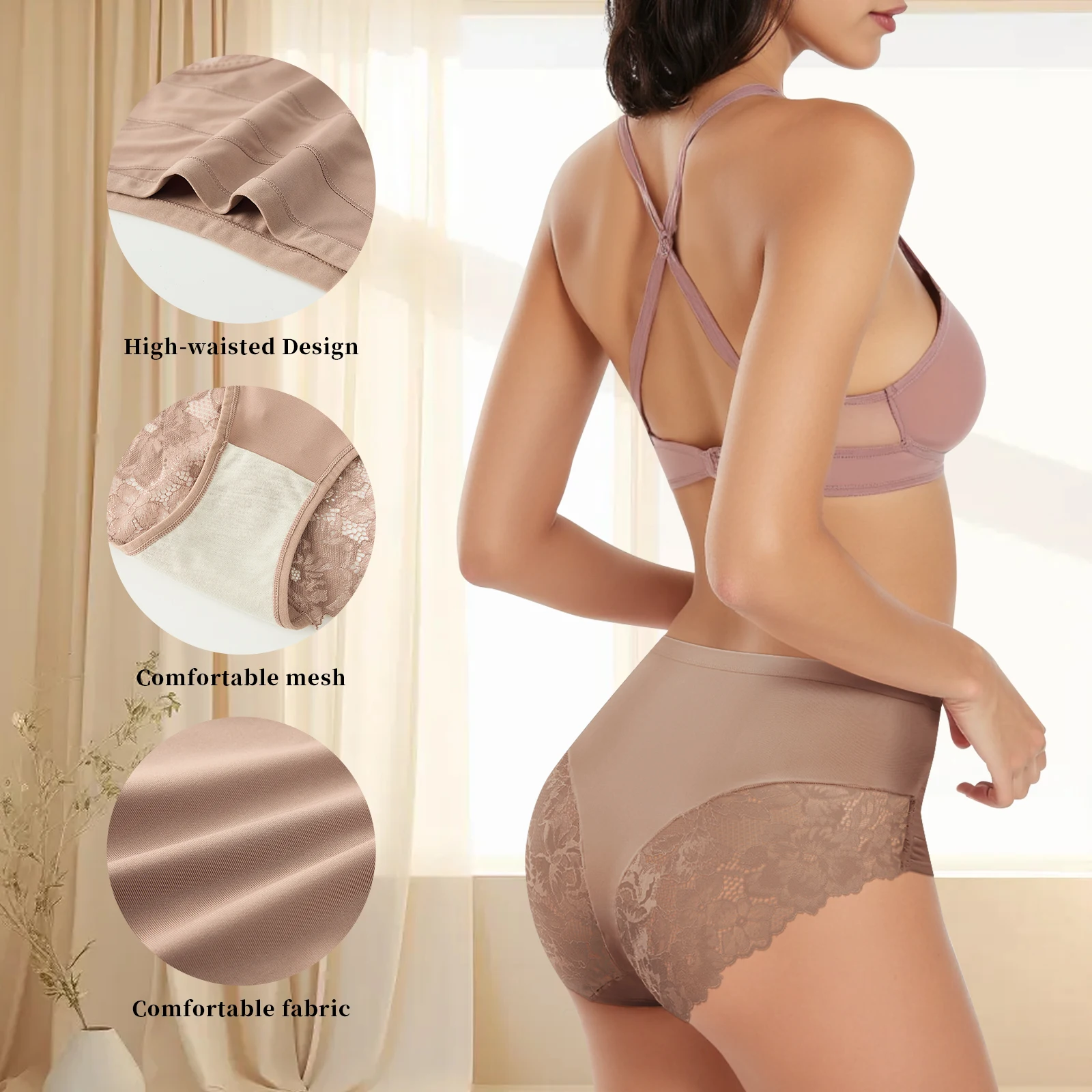 3개 세트 백 레이스 속옷 통기성 및 보습 속옷 중간 허리 플로럴 속옷 시원하고 통기성 좋은 여성용 속옷