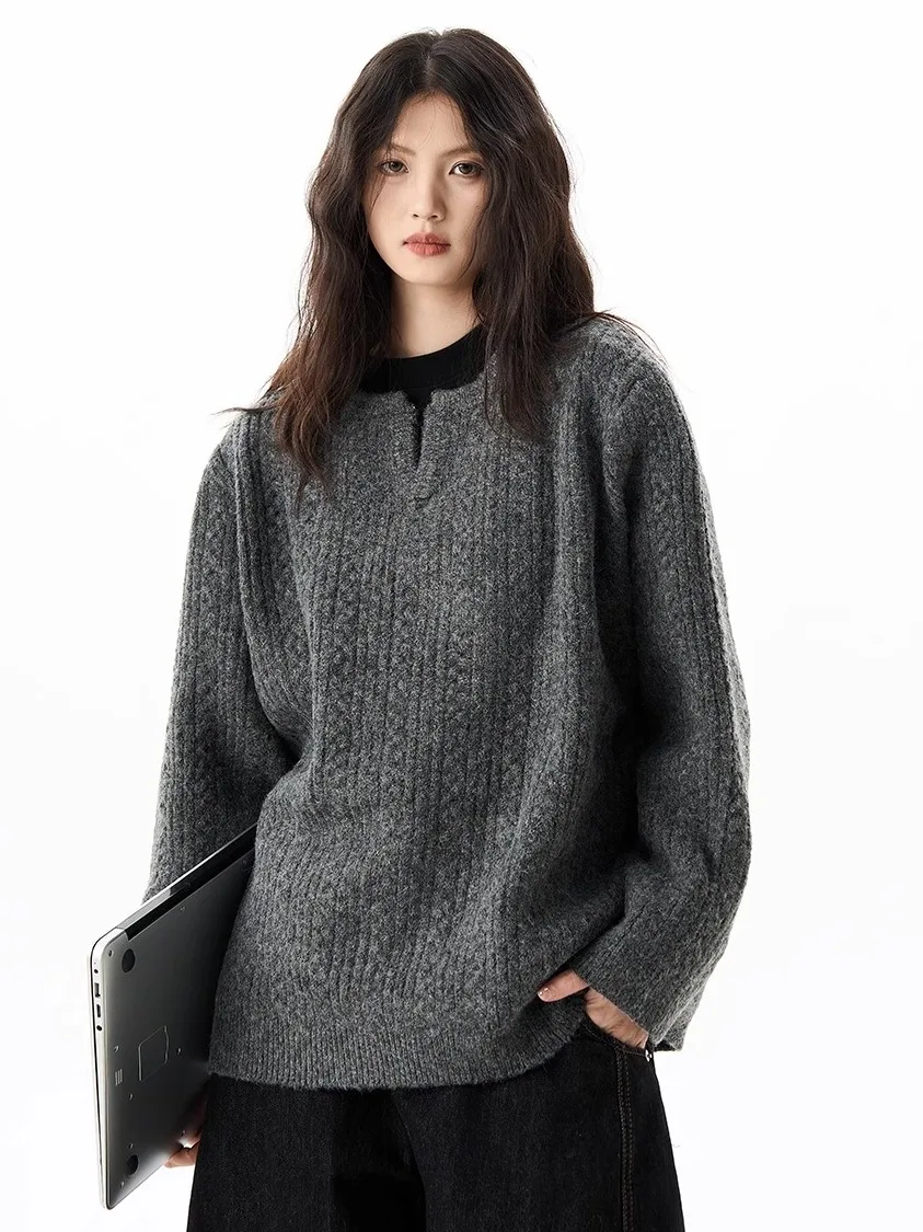 

Мужской свитер с витым дизайном в американском стиле ретро, ленивый высококачественный воротник Генри, осень-зима, свободный вязаный свитер