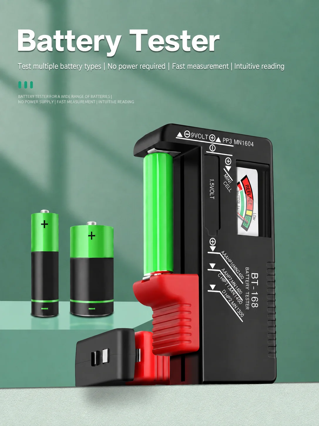 Universeller digitaler Batterietester für AA, AAA, C, D, 9V, PP3, 6F22, R03, LR14, R20 Batterien, Spannungsmesser mit LCD-Display – Detail 2