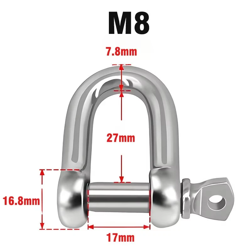 M8 304 Stainless Steel D Type Shackle Short Paragraph Rigging Shackle Hooks Screw Joint Connector Buckle Rigging Hardware