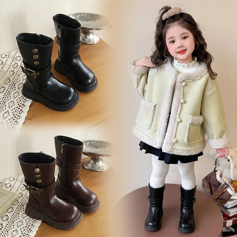 Little Girls Retro Mid Calf Boots Black Brown Children Outdoor Fashion Boots Thick Bottom Zipper Kids Causal Boots Soft Non Slip