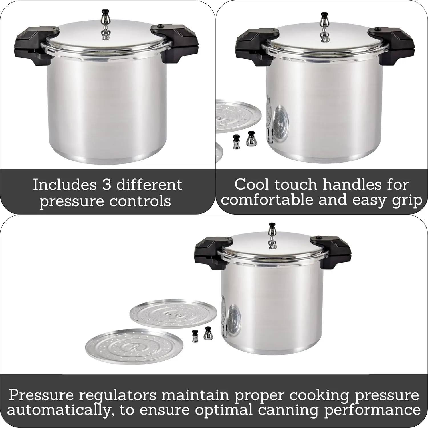 - 7114000221 92122A Polished Aluminum 5 / 10 / 15-Psi Pressure Cooker / Canner Cookware, 22-Quart, Silver