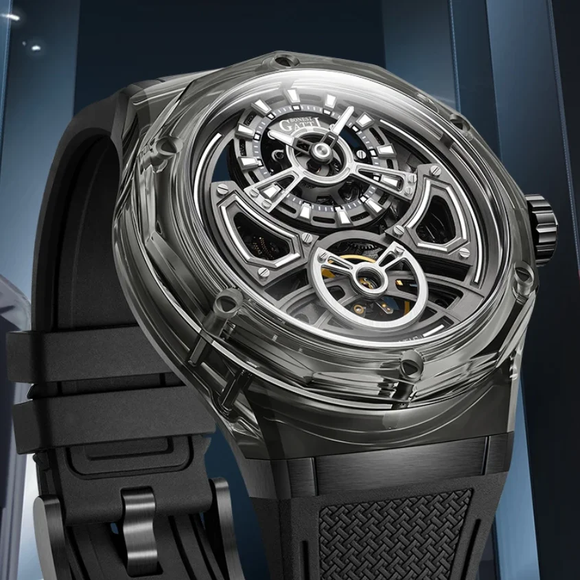 

BONEST GATTI Men Automatic Watch 45mm Mechanical Wristwatch Acrylic Case Sapphire Luminous Skeleton Dial Fluororubber Strap