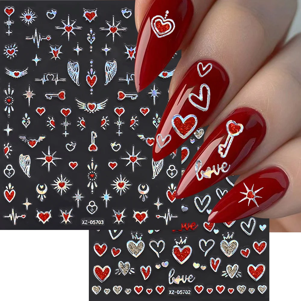 6/8 Stuks Laser Zilver Liefde Hart Nail Sticker 3D Zon Maan Sterrenlicht Lijm Decals Valentijnsdag sliders Manicure Decoratie