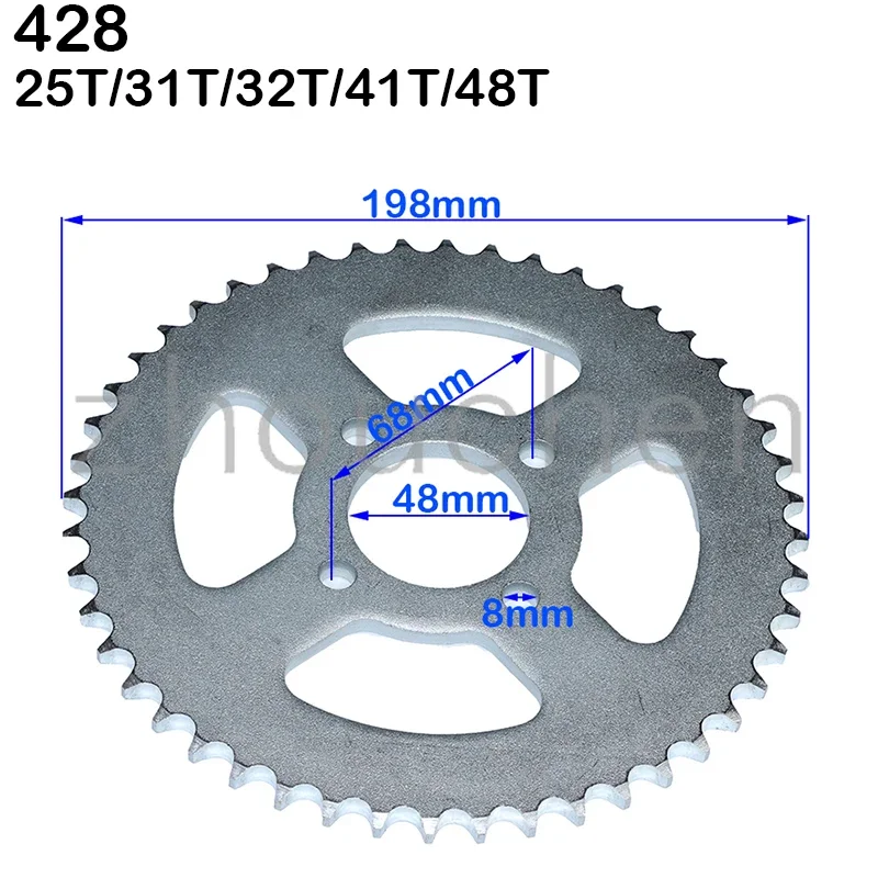 428 correntes 48mm25t/31t/32t/41t/48t rodas dentadas traseiras para motocicleta dirt pit bike triciclo veículo off-road
