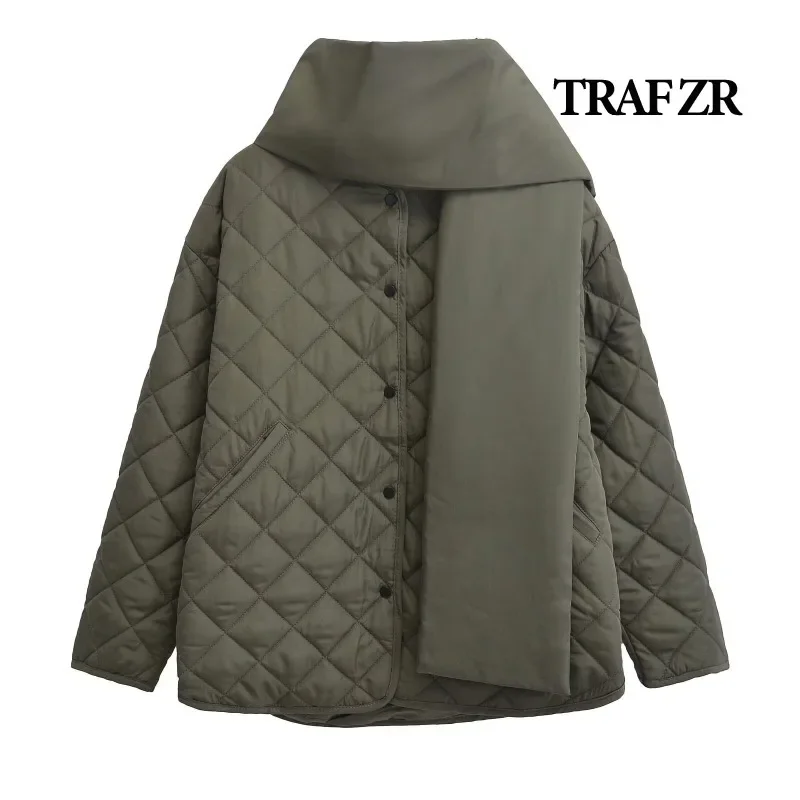 TRAF ZR Snow Parka New in Outerwears American Retro Padded Coat with Scarf Warm Woman Winter Coats Elegant Luxury Women\'s Coat