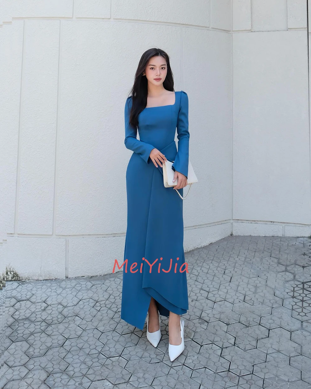 MeiYiJia Square Neckline Mermaid Ruffle Long-Sleeves Ankle-Length Saudi Arabia Sexy Evening Birthday Club Outfits Summer 2024