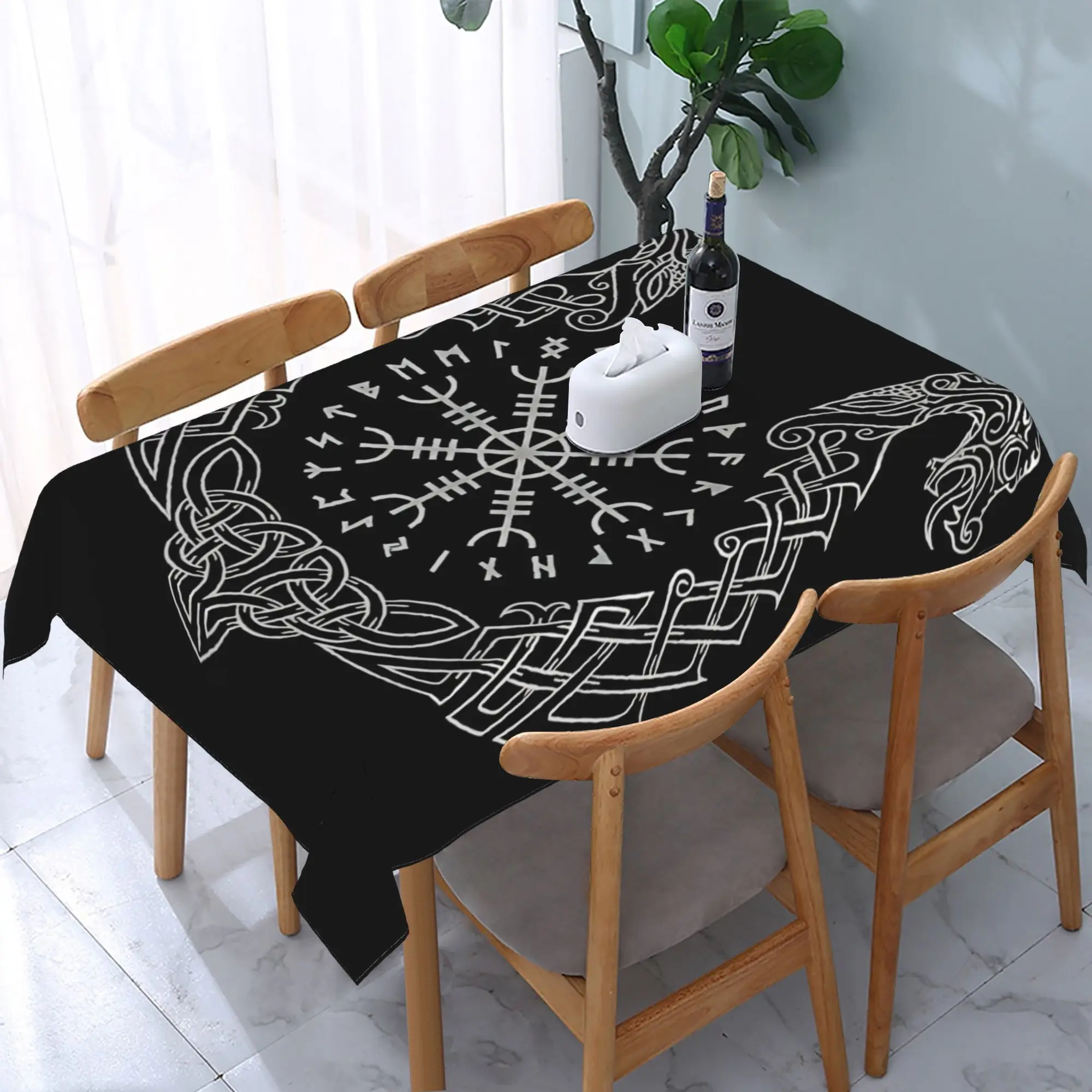 Viking Rune Compass Tablecloth, Black With White Norse Celtic Knot Print Rectangular Table Cover for Dining Kitchen Home Decor