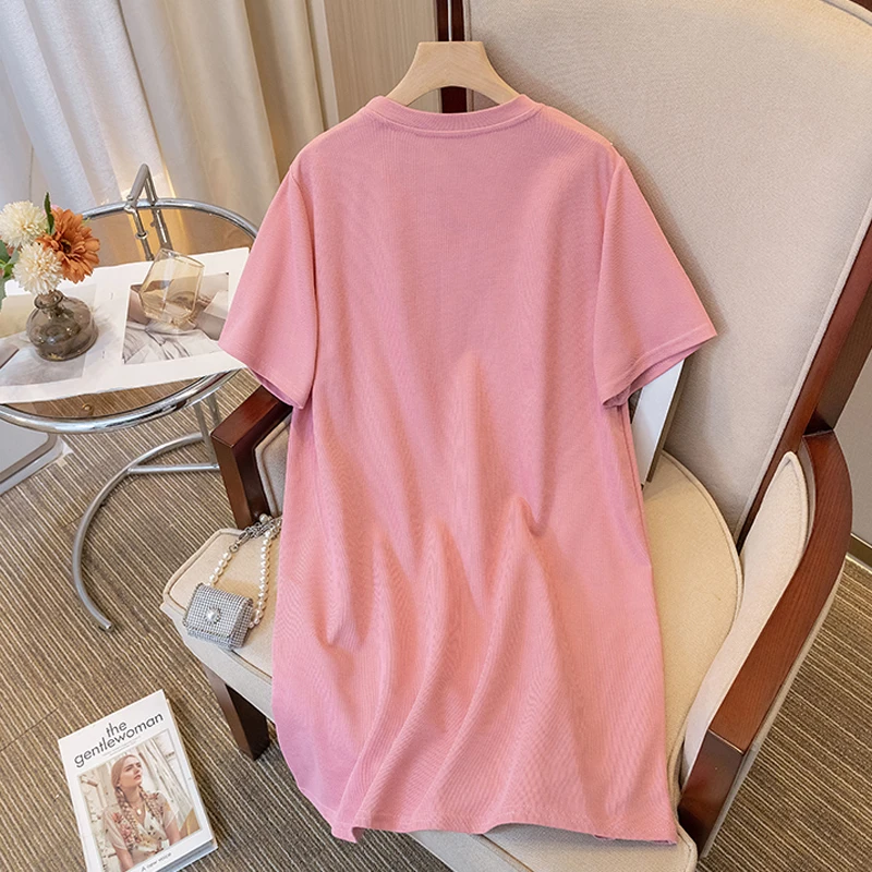 Women Mini Cotton T-shirt Dresses ​Summer Female O Neck Short Sleeve Large Size Elegant Black Pink Bow Patchwork Loose Vestidos