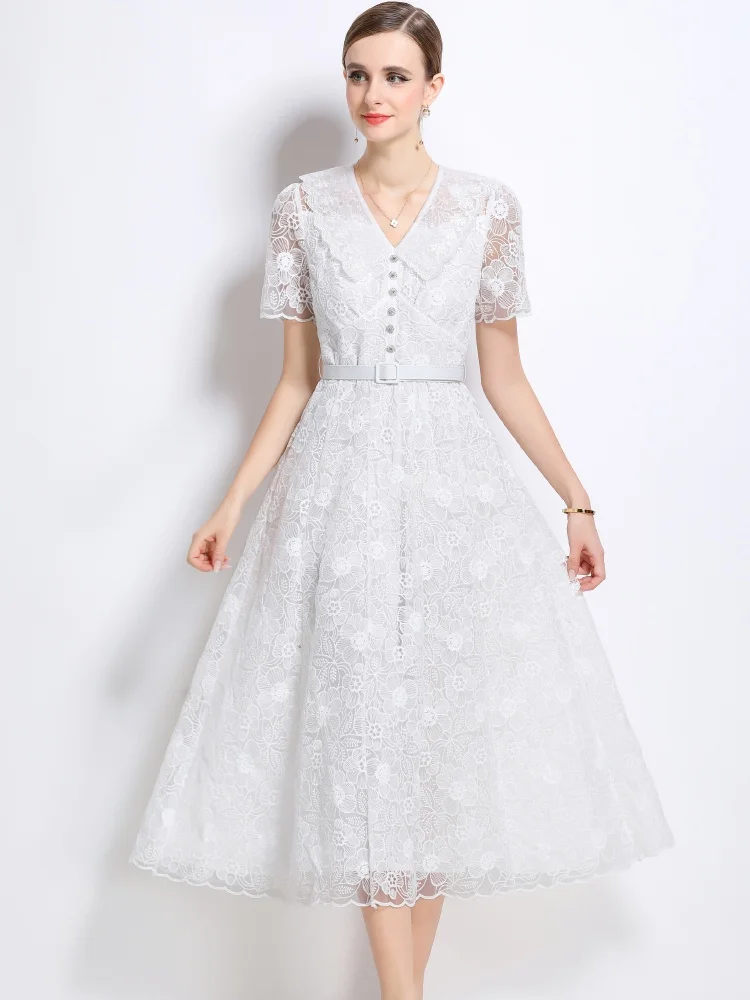 

Luxury Lace Hollow Out Midi dress With Belt Women's 2025 New Summer Elegant Rhinestone Buttons Party Dresses Female Clothing