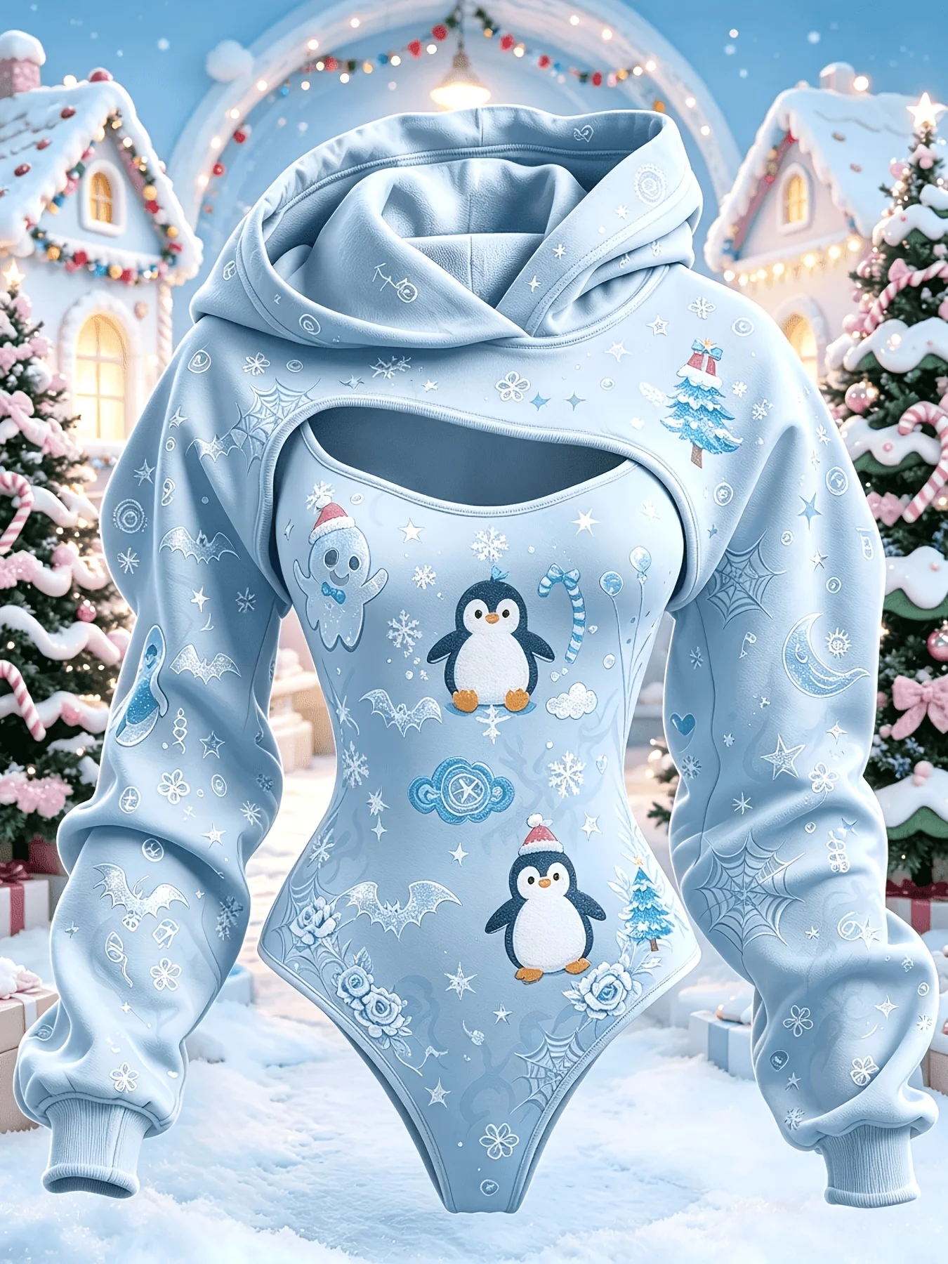 Women Christmas Penguin Print Double Hooded Bodysuit Hollow Out Long Sleeve Hoodie Winter Cute Snowflake Jumpsuit