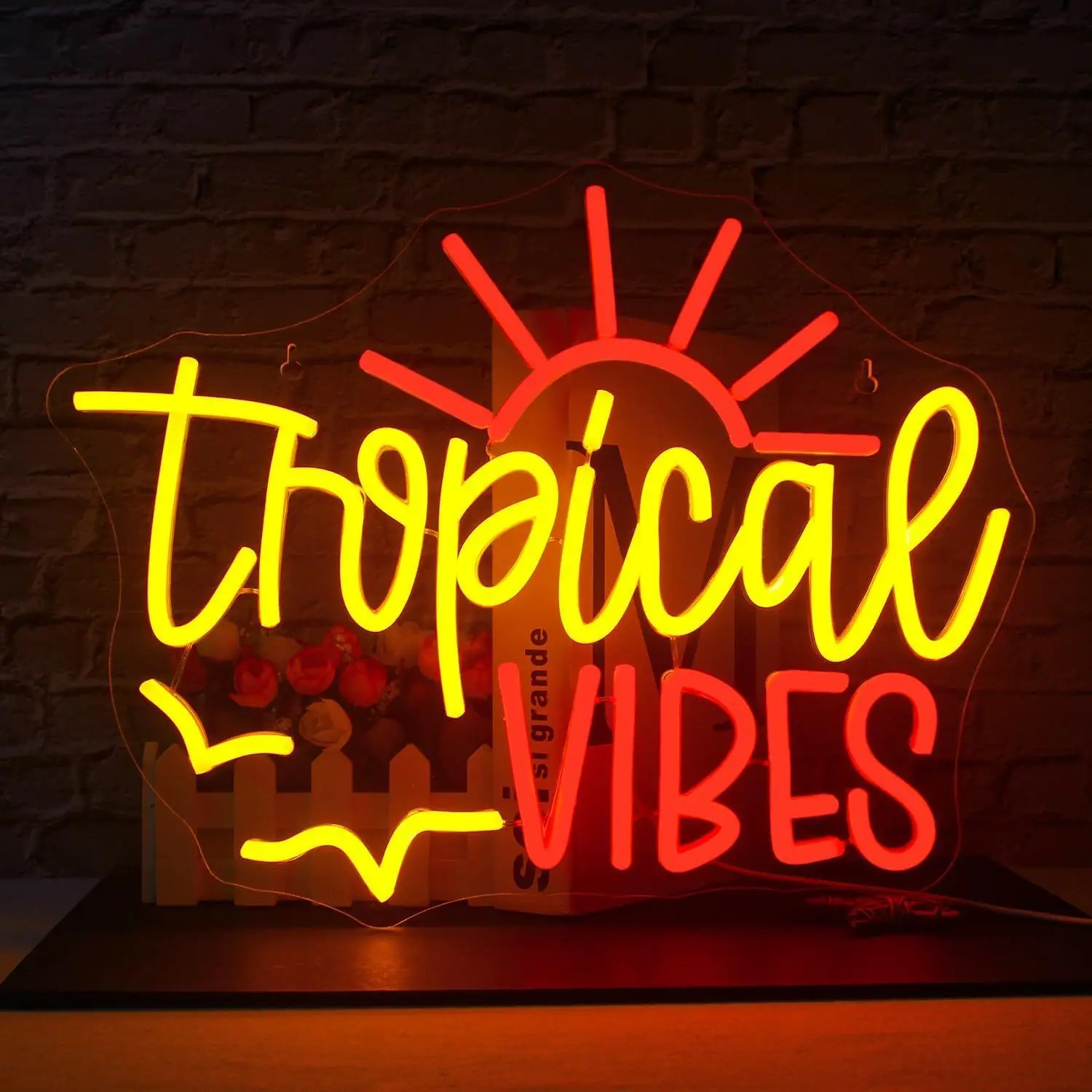 Tropical Vibes Neon Sign LED Sun Yellow Red USB Powered Night Light Summer Beach Wall Art Tiki Bar Party Decoration