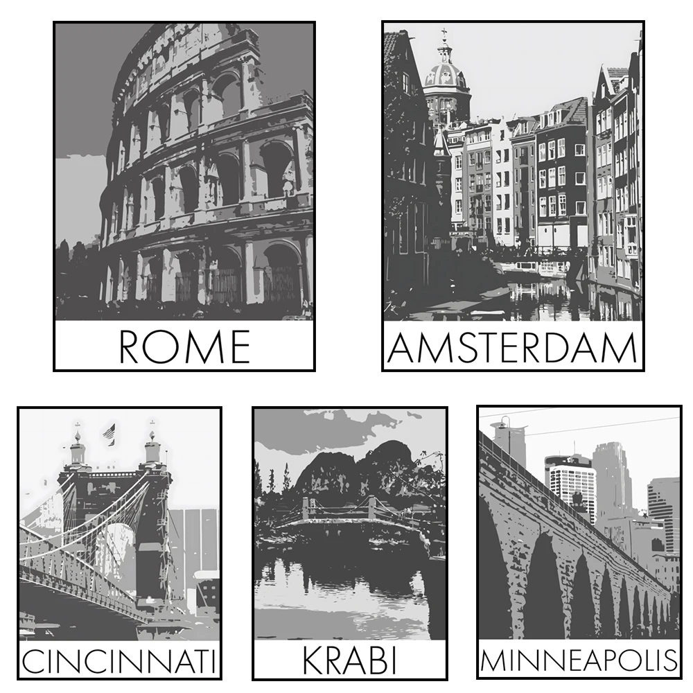 Amsterdam, Venice, Italy, Indiana, Minnesota, Cincinnati, Ohio, Thailand, Boston, Massachusetts black and white travel poster