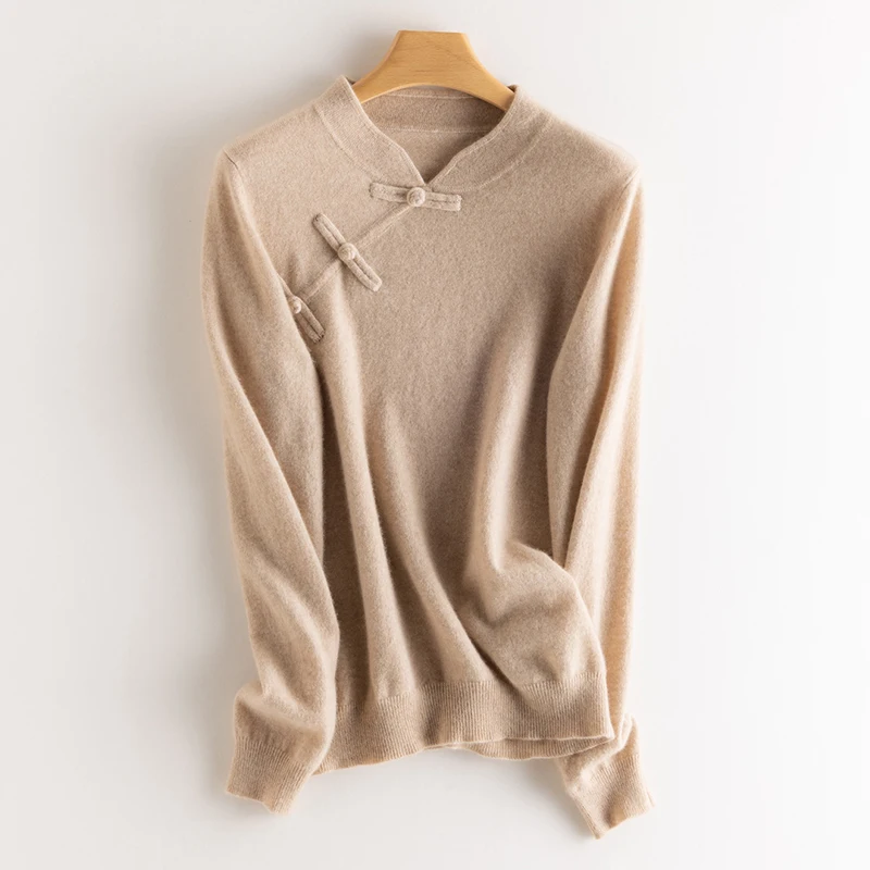 Autunno/Inverno da donna Nuovo maglione lavorato a maglia Top 100% cashmere di capra cinese colletto Pan pullover maglione a maniche lunghe tinta unita