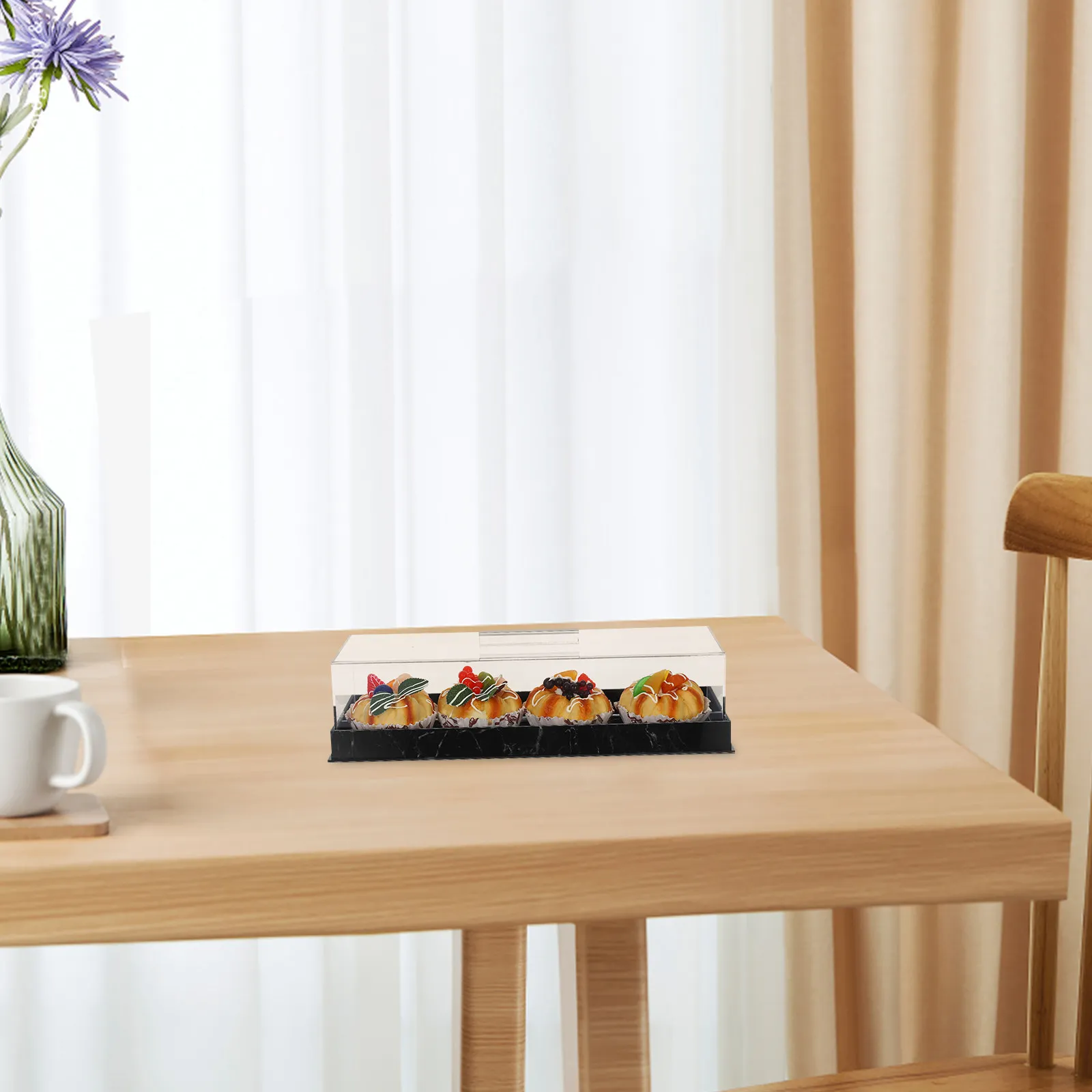 Acrylic Cake Serving Tray with Lid Marble Finish Rectangle Dessert Display Stand for Bakery Party